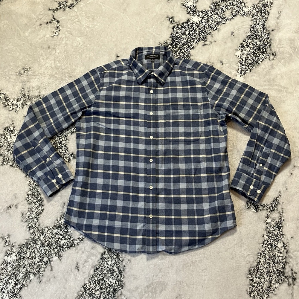 Banana Republic Shirt Mens Size L Blue Plaid Lightweight Flannel Button Up